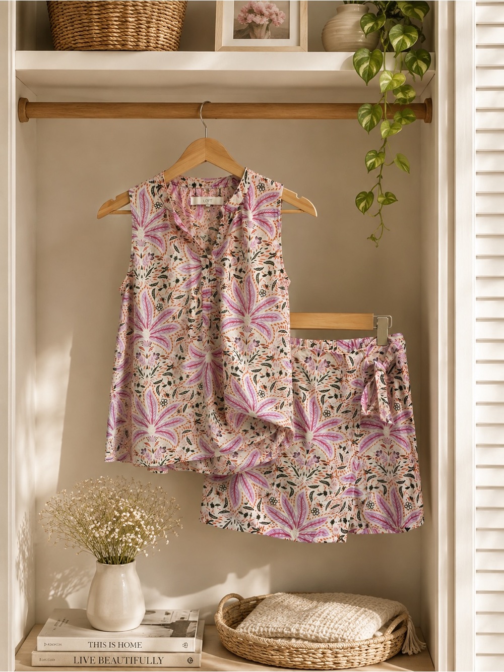 LOFT Floral Matching Top & Skort Set Pink Orange Size L/M